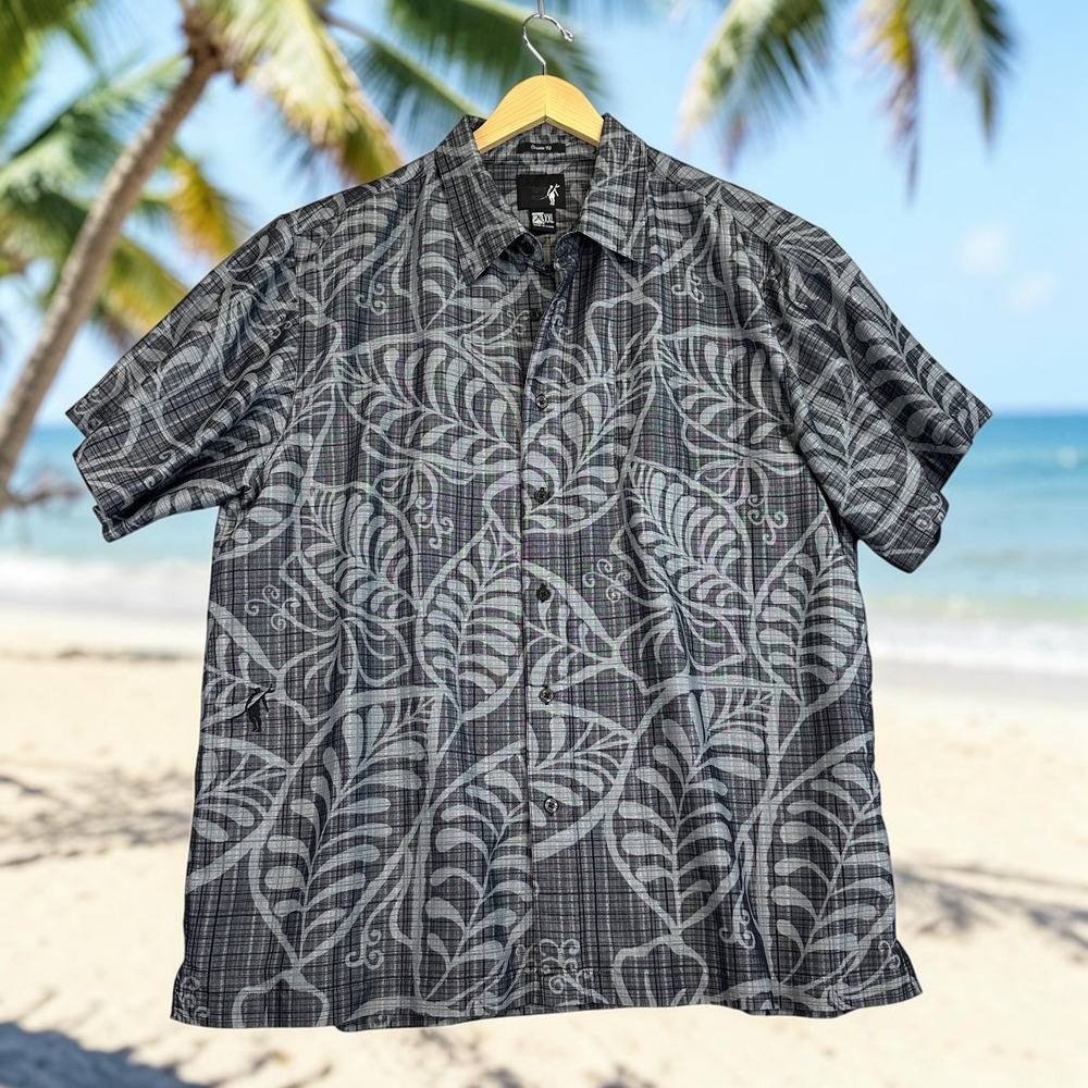 Toes on the Nose Aloha Shirt Mens XXL Grey Tropical Leaf Dream Fit Rayon Blend